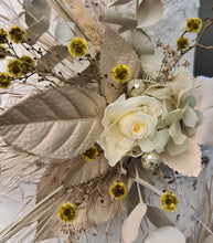 Load image into Gallery viewer, Double floral cake topper, yellow, sage & champagne gold