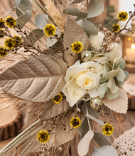 Load image into Gallery viewer, Double floral cake topper, yellow, sage & champagne gold