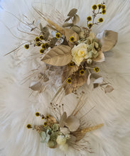 Load image into Gallery viewer, Double floral cake topper, yellow, sage & champagne gold