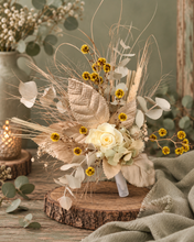 Load image into Gallery viewer, Double floral cake topper, yellow, sage & champagne gold