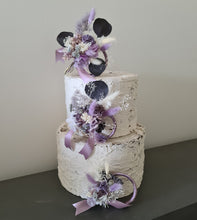 Load image into Gallery viewer, Preserved flowers - triple cake toppers / rings – violet, purple & silver