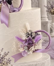 Load image into Gallery viewer, Preserved flowers - triple cake toppers / rings – violet, purple & silver