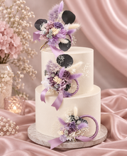 Load image into Gallery viewer, Preserved flowers - triple cake toppers / rings – violet, purple & silver