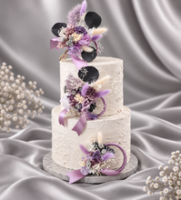 Load image into Gallery viewer, Preserved flowers - triple cake toppers / rings – violet, purple & silver