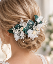 Load image into Gallery viewer, 3 x larger bobby pins with preserved flowers in green, white & neutral colours