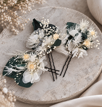 Load image into Gallery viewer, 3 x larger bobby pins with preserved flowers in green, white & neutral colours