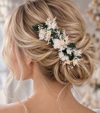 Load image into Gallery viewer, 3 x larger bobby pins with preserved flowers in green, white & neutral colours