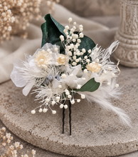 Load image into Gallery viewer, 3 x larger bobby pins with preserved flowers in green, white & neutral colours