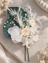Load image into Gallery viewer, 3 x larger bobby pins with preserved flowers in green, white & neutral colours