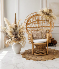 Load image into Gallery viewer, Boho set up Peacock Queen Chair, Chair Flowers & Flowers in urn - HIRE ONLY