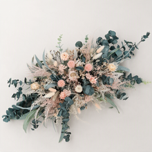 Load image into Gallery viewer, Green Neutral & Pink Flowers – Welcome sign / easel / small backdrop flowers - HIRE ONLY