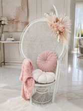 Load image into Gallery viewer, White peacock chair & dusty pastel pink chair flowers - HIRE ONLY