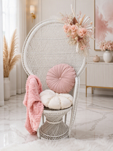 Load image into Gallery viewer, White peacock chair & dusty pastel pink chair flowers - HIRE ONLY