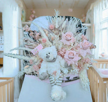 Load image into Gallery viewer, Dusty pink everlasting flowers & bear in chest - HIRE ONLY