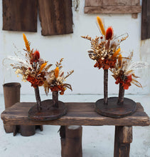 Load image into Gallery viewer, Wood round bud vases with rustic preserved flowers - HIRE ONLY