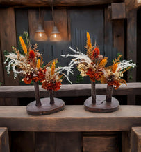 Load image into Gallery viewer, Wood round bud vases with rustic preserved flowers - HIRE ONLY