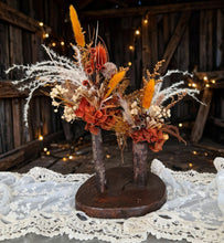 Load image into Gallery viewer, Wood round bud vases with rustic preserved flowers - HIRE ONLY