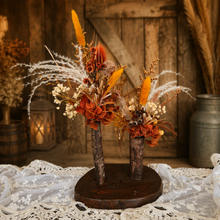 Load image into Gallery viewer, Wood round bud vases with rustic preserved flowers - HIRE ONLY