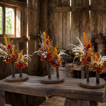 Load image into Gallery viewer, Wood round bud vases with rustic preserved flowers - HIRE ONLY