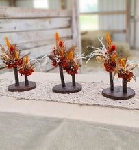 Load image into Gallery viewer, Wood round bud vases with rustic preserved flowers - HIRE ONLY