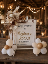 Load image into Gallery viewer, White Welcome Sign Stand ONLY - wedding events - HIRE ONLY