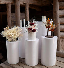 Load image into Gallery viewer, White cylinder plinth cake or flower stand - 55cm - HIRE ONLY