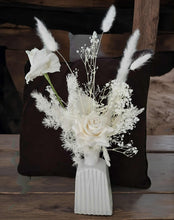 Load image into Gallery viewer, Ribbed white vase & white flowers - velvet & preserved table flowers - HIRE ONLY