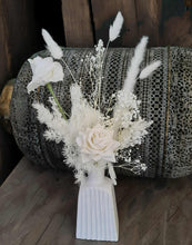 Load image into Gallery viewer, Ribbed white vase & white flowers - velvet & preserved table flowers - HIRE ONLY