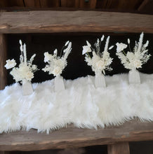 Load image into Gallery viewer, Ribbed white vase & white flowers - velvet & preserved table flowers - HIRE ONLY
