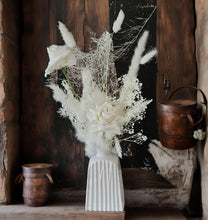 Load image into Gallery viewer, Ribbed white vase & white flowers - velvet & preserved table flowers - HIRE ONLY