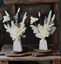 Load image into Gallery viewer, Ribbed white vase & white flowers - velvet & preserved table flowers - HIRE ONLY