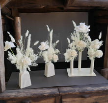 Load image into Gallery viewer, Ribbed white vase & white flowers - velvet & preserved table flowers - HIRE ONLY