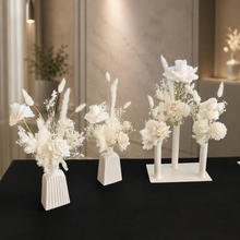 Load image into Gallery viewer, Ribbed white vase & white flowers - velvet & preserved table flowers - HIRE ONLY
