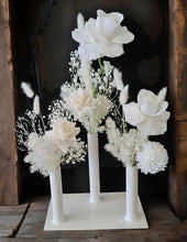 Load image into Gallery viewer, White Triple stem bud vase & white flowers - velvet & preserved - HIRE ONLY
