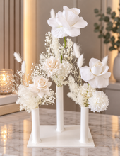 Load image into Gallery viewer, White Triple stem bud vase & white flowers - velvet & preserved - HIRE ONLY