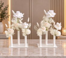 Load image into Gallery viewer, White Triple stem bud vase & white flowers - velvet & preserved - HIRE ONLY