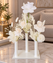 Load image into Gallery viewer, White Triple stem bud vase & white flowers - velvet & preserved - HIRE ONLY