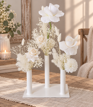 Load image into Gallery viewer, White Triple stem bud vase & white flowers - velvet & preserved - HIRE ONLY