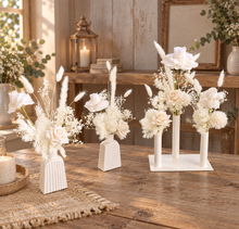 Load image into Gallery viewer, White Triple stem bud vase & white flowers - velvet & preserved - HIRE ONLY