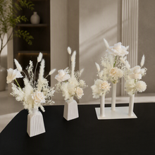 Load image into Gallery viewer, White Triple stem bud vase & white flowers - velvet & preserved - HIRE ONLY