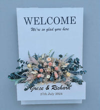 Load image into Gallery viewer, Welcome sign Flower box with green, neutral & pink flowers - HIRE ONLY