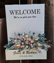 Load image into Gallery viewer, Welcome sign Flower box with green, neutral & pink flowers - HIRE ONLY