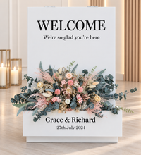 Load image into Gallery viewer, Welcome sign Flower box with green, neutral & pink flowers - HIRE ONLY