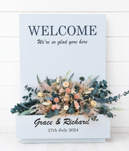 Load image into Gallery viewer, Welcome sign Flower box with green, neutral & pink flowers - HIRE ONLY