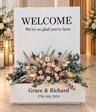 Load image into Gallery viewer, Welcome sign Flower box with green, neutral & pink flowers - HIRE ONLY