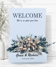 Load image into Gallery viewer, Welcome sign Flower box with green, neutral & pink flowers - HIRE ONLY