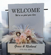 Load image into Gallery viewer, Welcome Sign Flower box with blush dusty pink flowers - HIRE ONLY