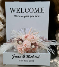 Load image into Gallery viewer, Welcome Sign Flower box with blush dusty pink flowers - HIRE ONLY