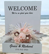 Load image into Gallery viewer, Welcome Sign Flower box with blush dusty pink flowers - HIRE ONLY