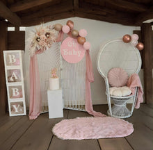 Load image into Gallery viewer, Baby Shower blush flowers, backdrop & peacock chair – Advanced Package - HIRE ONLY
